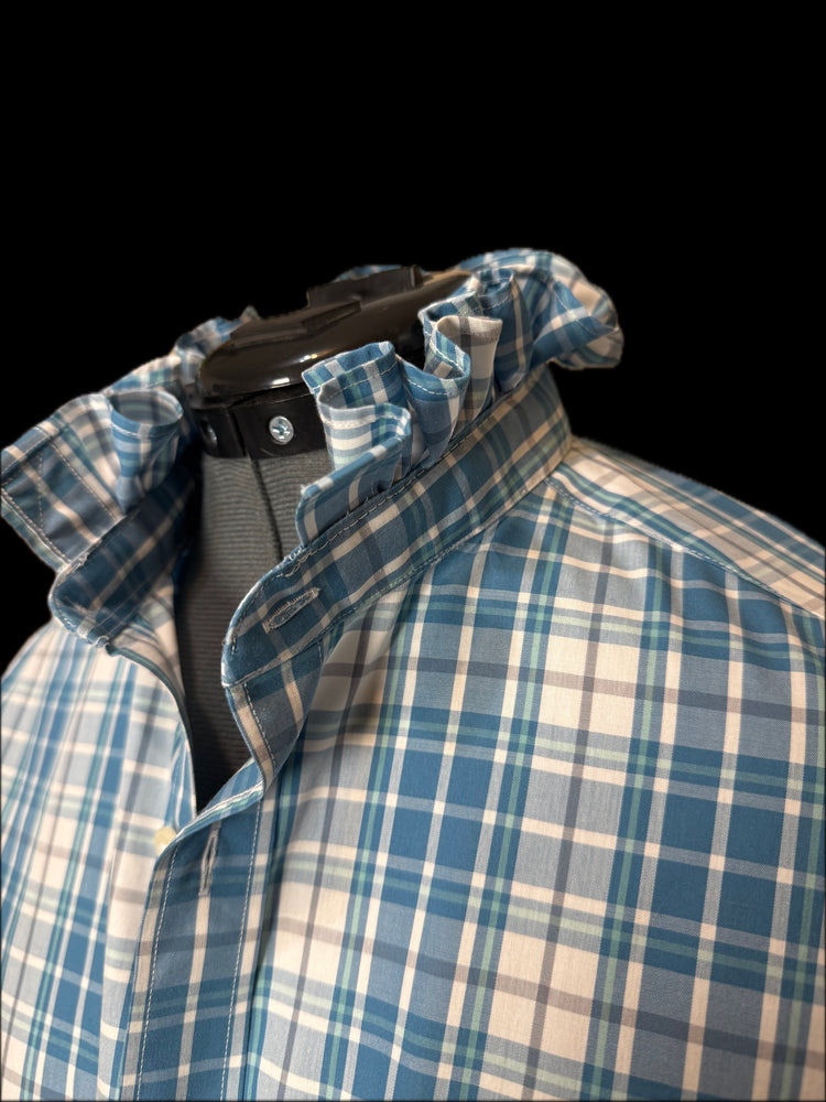 Untuckit, Blue Plaid, Ruffled Collar Shirt, Non-Iron, Large