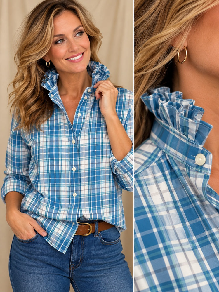Untuckit, Blue Plaid, Ruffled Collar Shirt, Non-Iron, Large
