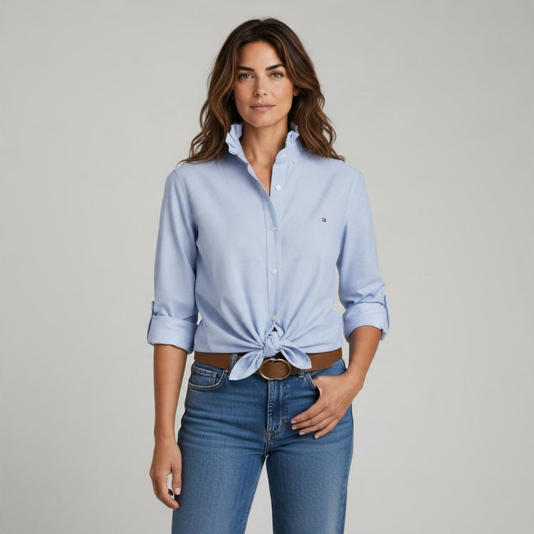 Tommy Hilfiger, Blue Dots, Ruffled Collar Shirt, Medium
