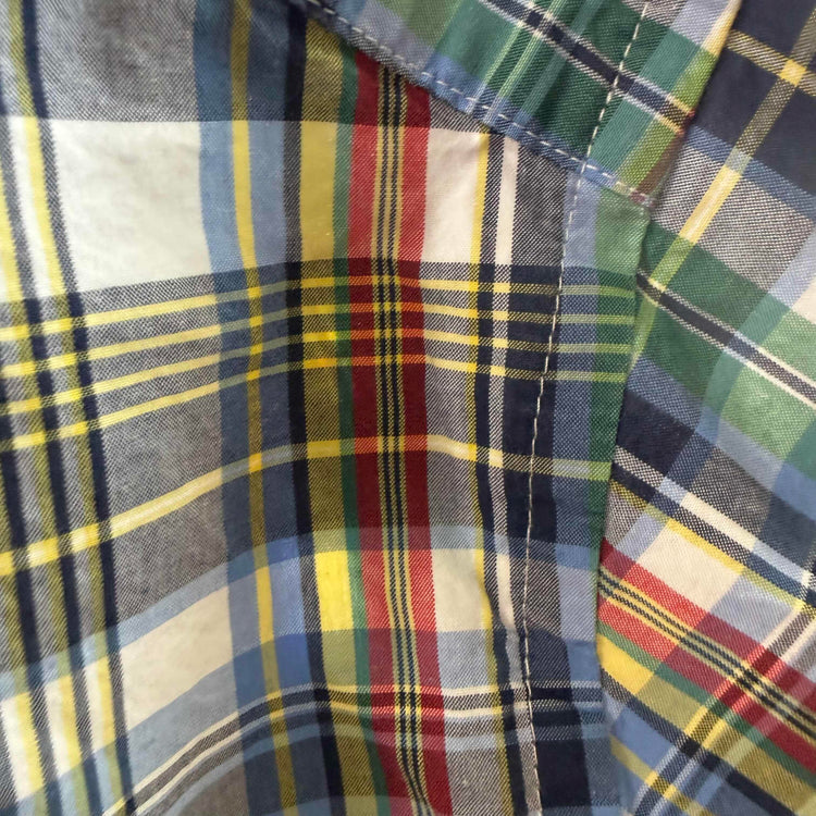 GAP, Blue, Red and Yellow Plaid, Ruffled Collar Shirt, Medium
