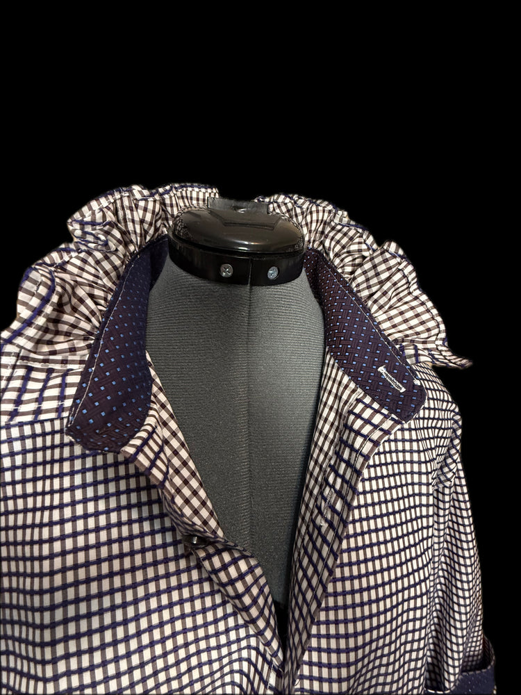 Quieti, White with Indigo Blue and Light Gray Windowpane, Ruffled Collar Shirt, Fine Cotton, Large
