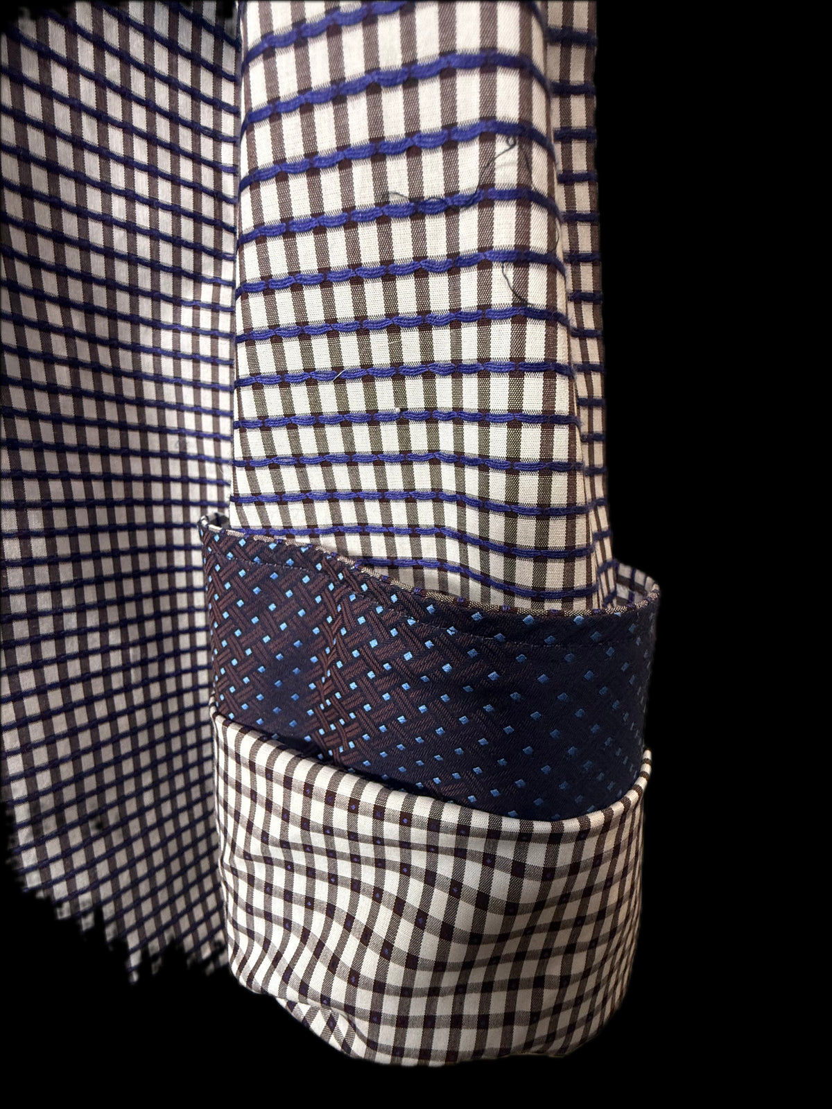 Quieti, White with Indigo Blue and Light Gray Windowpane, Ruffled Collar Shirt, Fine Cotton, Large