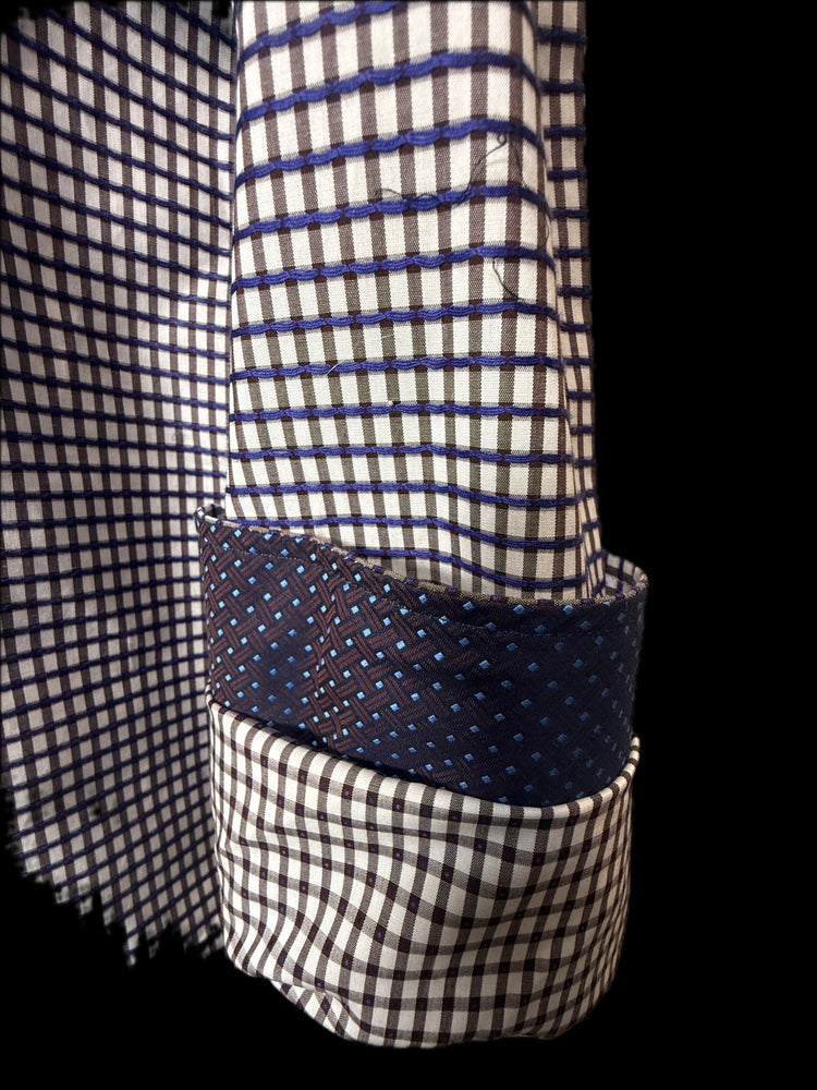 Quieti, White with Indigo Blue and Light Gray Windowpane, Ruffled Collar Shirt, Fine Cotton, Large