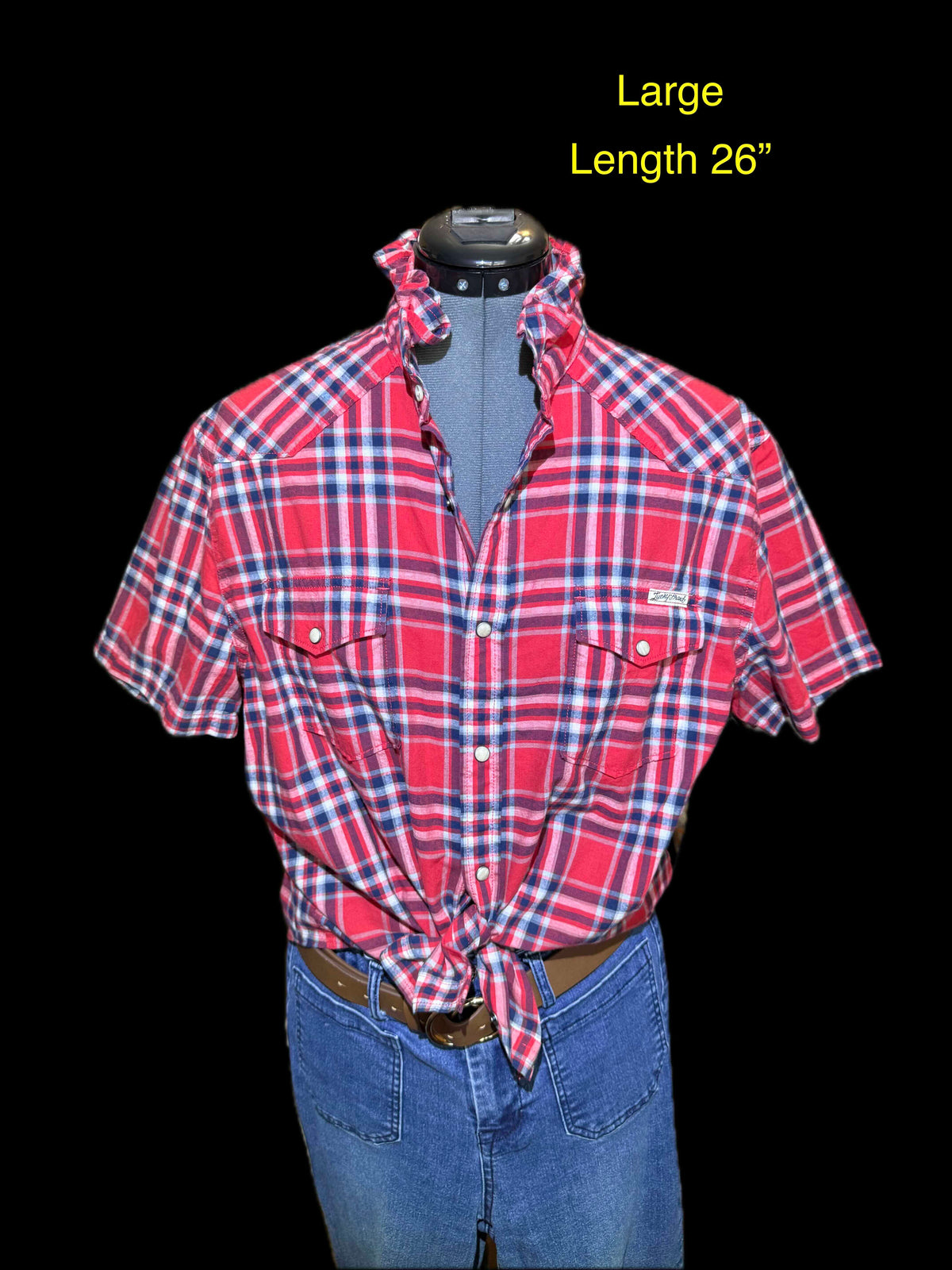 Lucky Brand, Red Check, Ruffled Collar Shirt, Large