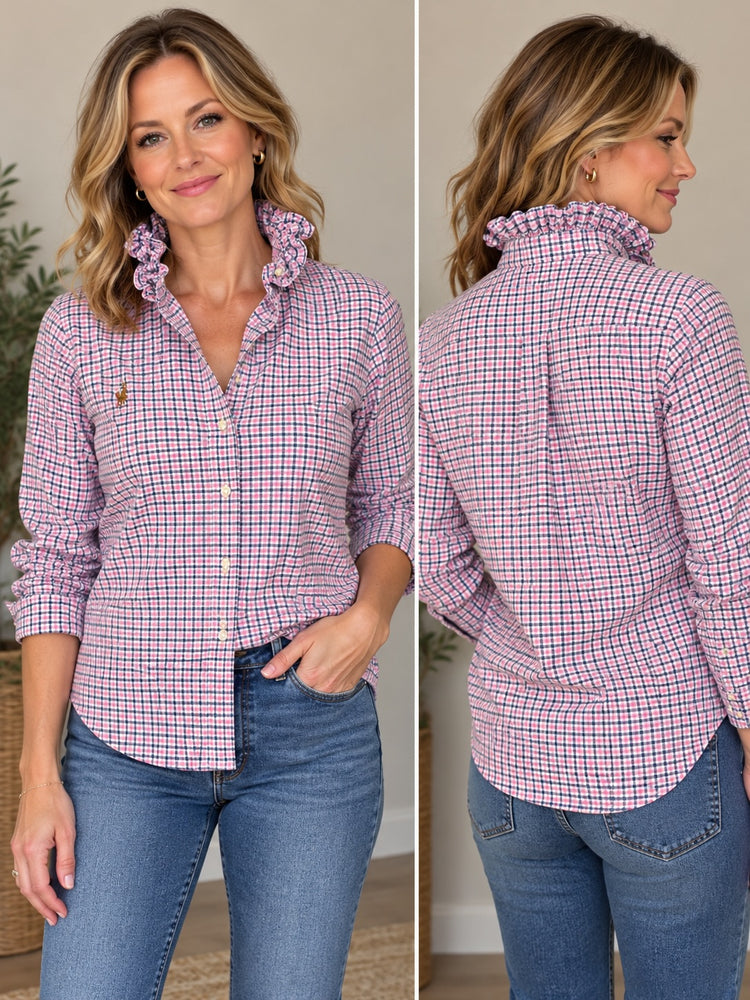 Ralph Lauren, Pink and Blue Gingham, Ruffled Collar Shirt, Flannel, Medium