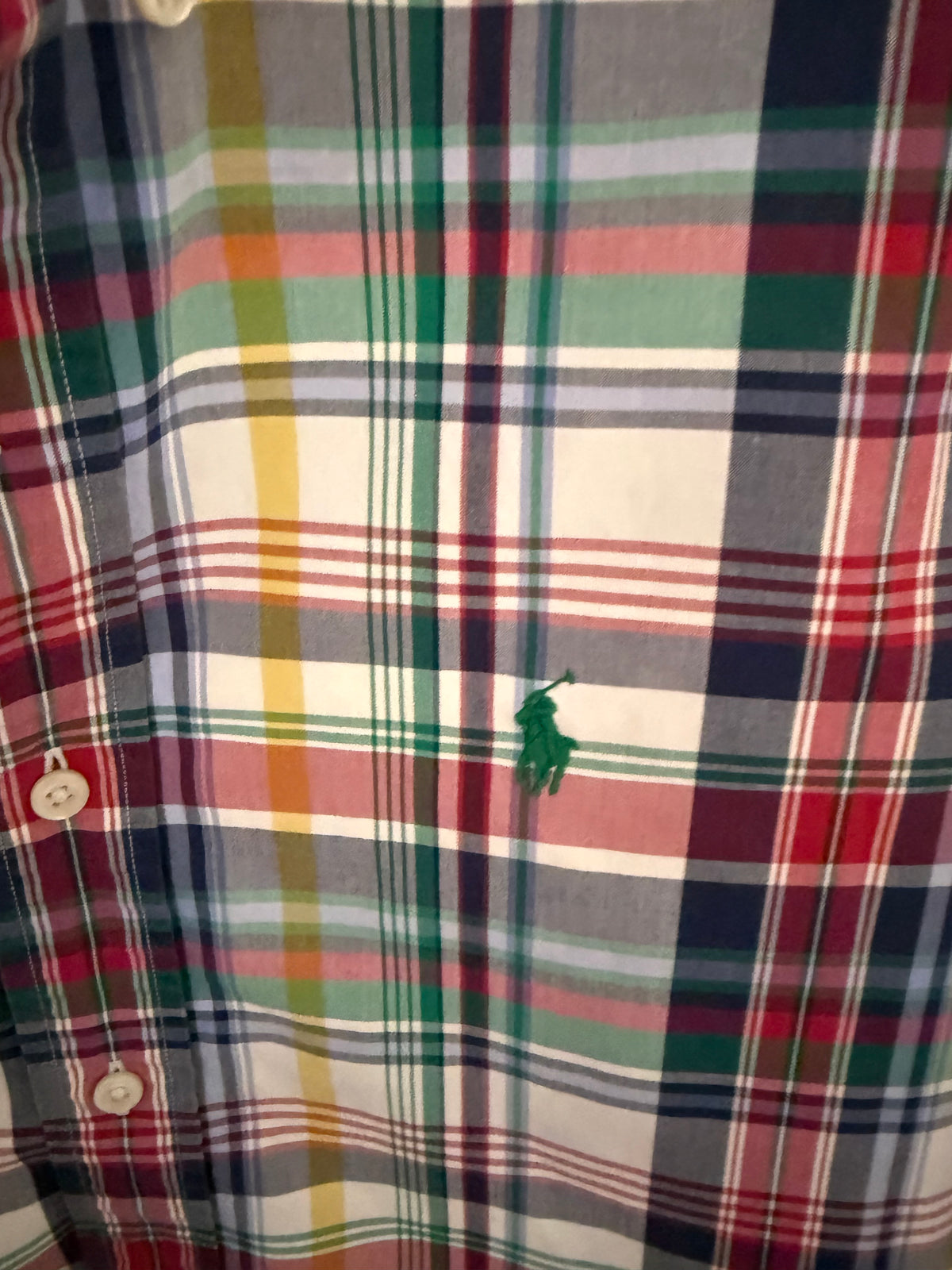 Ralph Lauren, Red, Yellow, Blue and Green Plaid, Ruffled Collar Shirt, Small