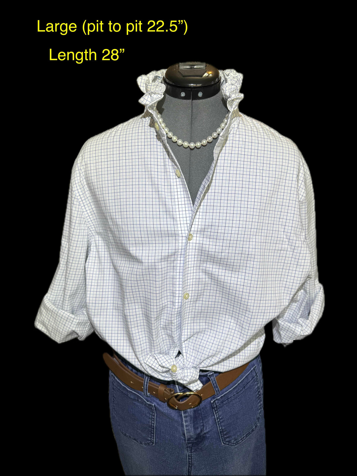 Banana Republic, Blue Windowpane, Ruffled Collar Shirt, Slim Fit, Non-Iron, Large