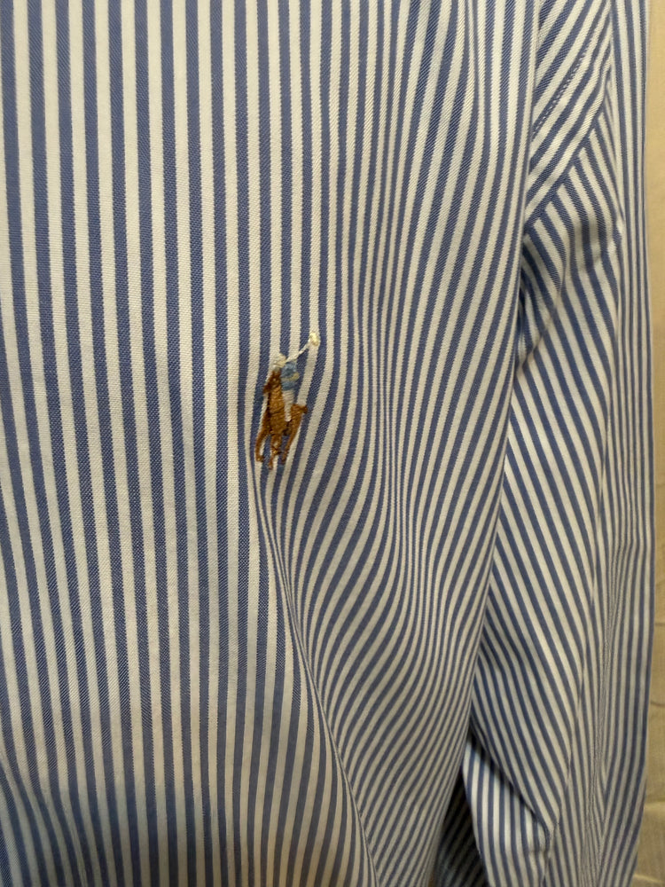 Ralph Lauren, Classic Blue Stripe, Ruffled Collar Shirt, XL