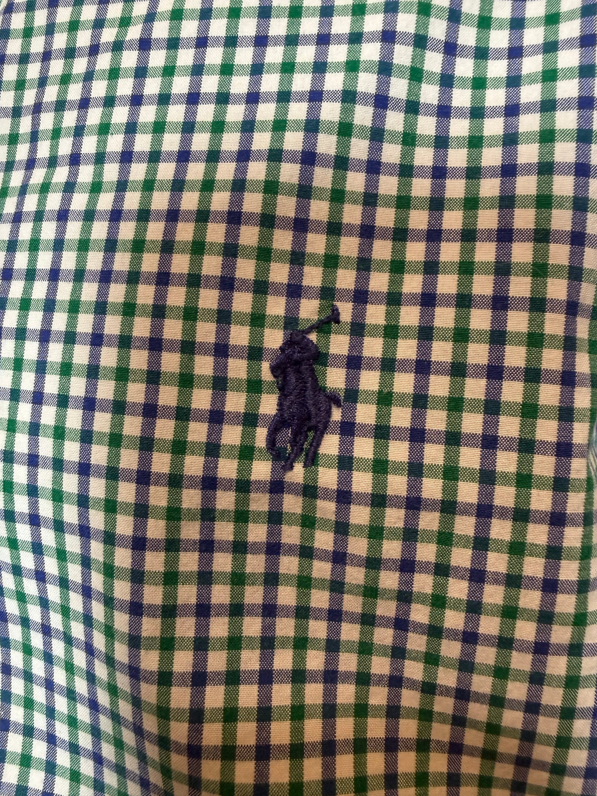 Ralph Lauren, White, Green and Purple Gingham, Ruffled Collar Shirt, Large