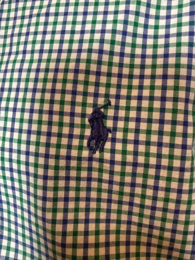 Ralph Lauren, White, Green and Purple Gingham, Ruffled Collar Shirt, Large